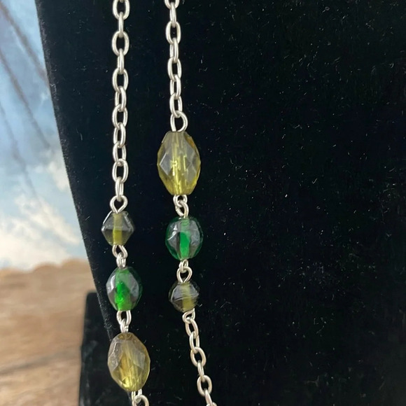 Beaded long necklace glass green silver link chain boho casual - Picture 3 of 11